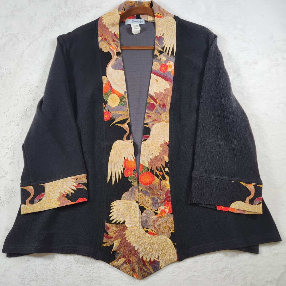 Moonlight Kimono Jacket Women XL Black Crane Floral Print Open Front Crepe